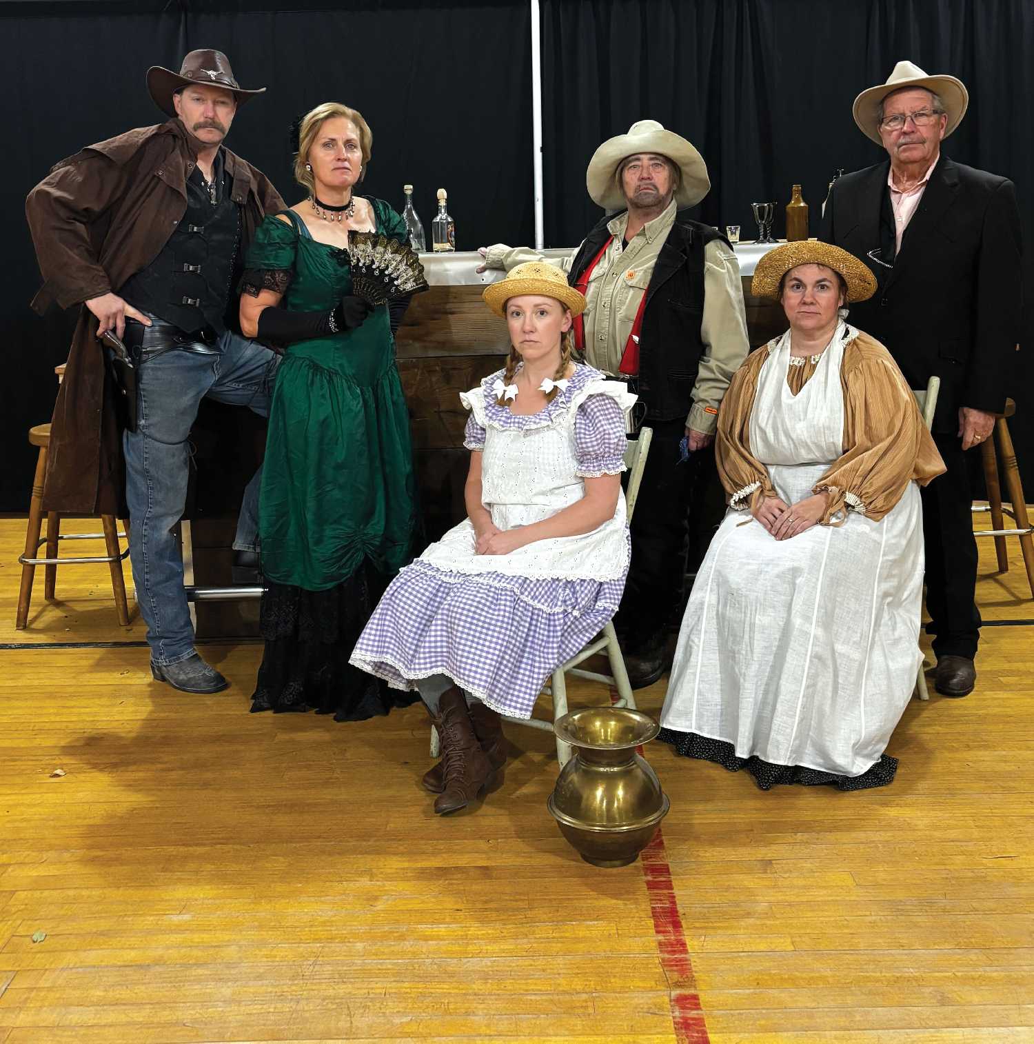 From left, cast members Clarence Johnson, Angela Ulrich, Liz Purvis, Janet Dauvin, Jen Marsh and Marius Ericksen